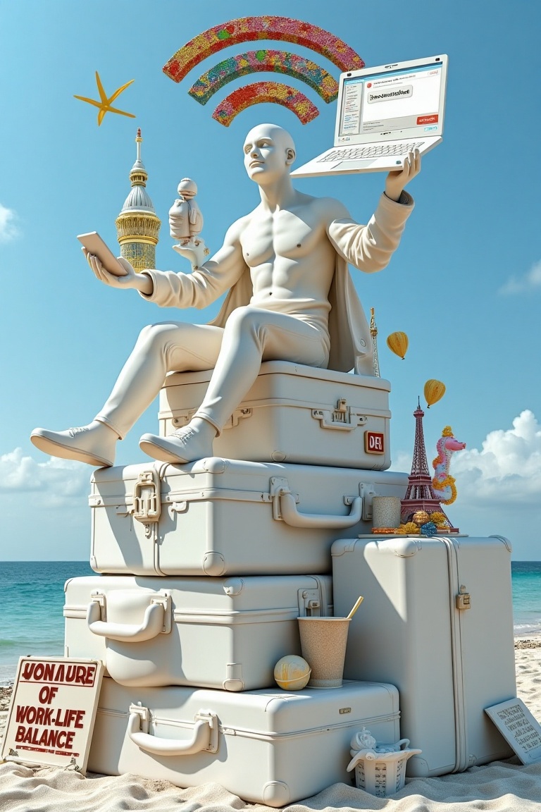 **Title: "The Digital Nomad"** **Concept:** Imagine a large,  whimsical white sculpture depicting a modern digital nomad —...