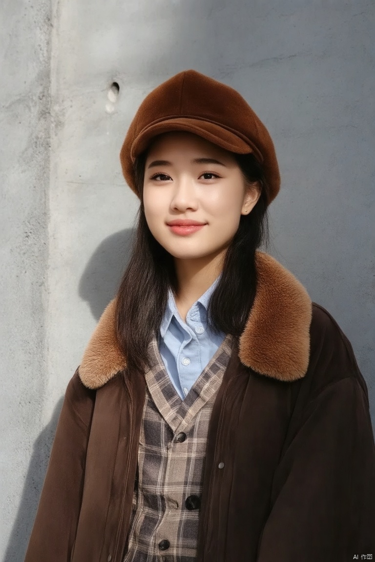a young asian woman stands in front of a gray concrete wall. She is dressed in a brown fur hat, a brown jacket, a light blue vest, and a plaid shirt. Her eyes are a piercing black, and her lips are a darker shade of red. Her eyebrows are a light brown, and she has a slight smile on her face. The wall behind her is a light gray, and there is a shadow on the left side of the image.