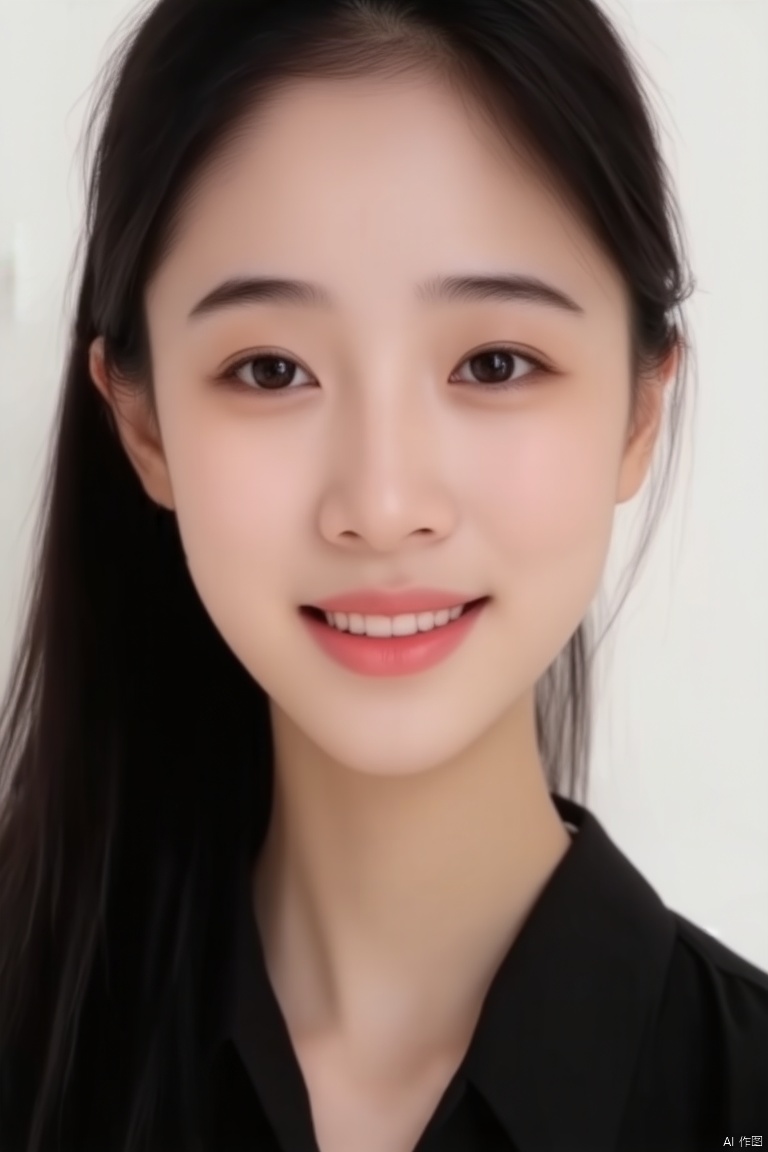 a close-up shot of a young Asian woman with long dark hair, a slight smile on her face. Her eyes are a piercing black. Her lips are a light pink, and she is wearing a black blouse. Her hair is pulled back, framing her face, adding a touch of warmth to the scene. The backdrop is a stark white, creating a stark contrast to the woman's face.