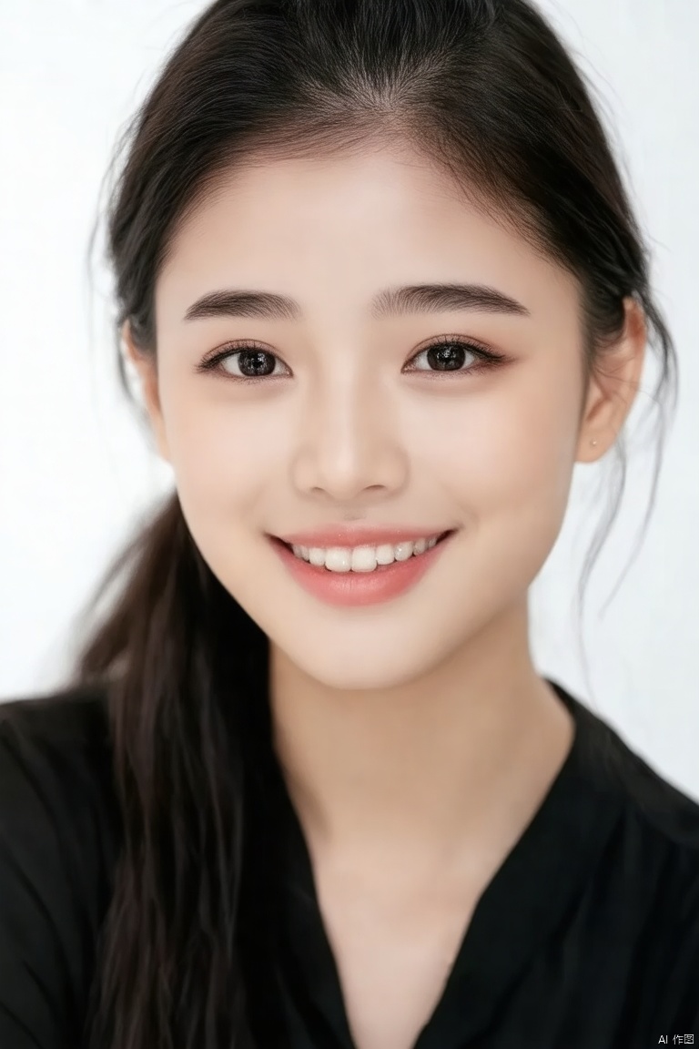 a close-up shot of a young Asian woman with long dark hair, a slight smile on her face. Her eyes are a piercing black. Her lips are a light pink, and she is wearing a black blouse. Her hair is pulled back, framing her face, adding a touch of warmth to the scene. The backdrop is a stark white, creating a stark contrast to the woman's face.