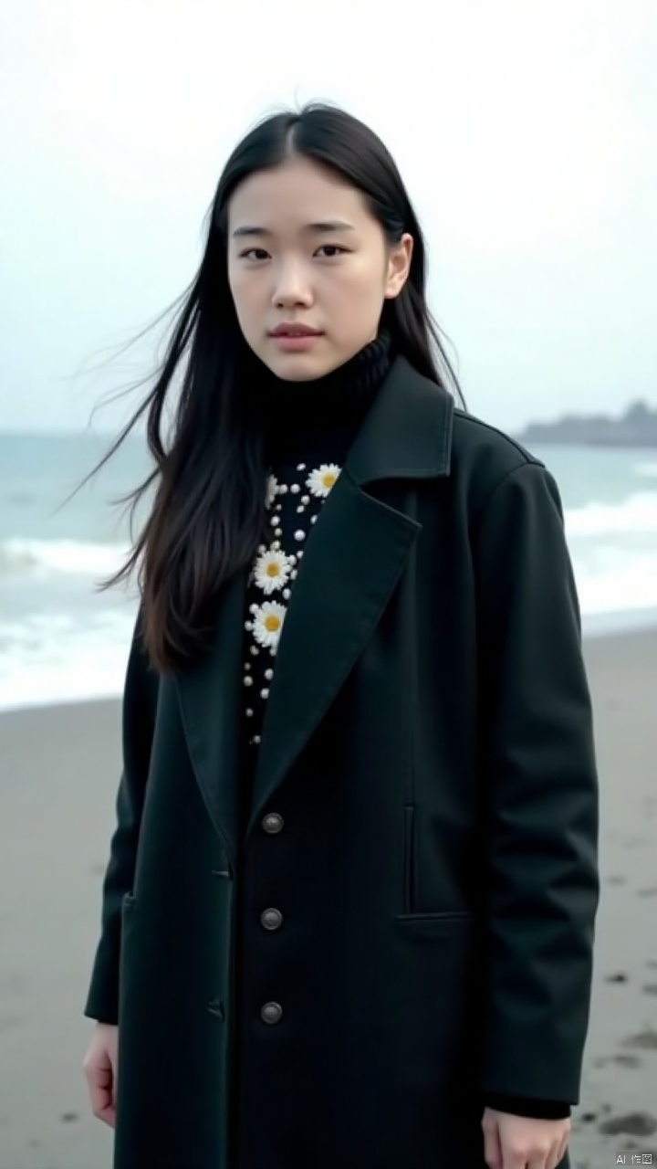a young Asian woman with long dark hair, wearing a black coat with a black sweater  underneath. Her sweater is adorned with white flowers, adding a touch of color to her outfit. She is standing on a sandy beach, with the ocean in the background. The sky is a pale, hazy white, and the sand is a light gray.