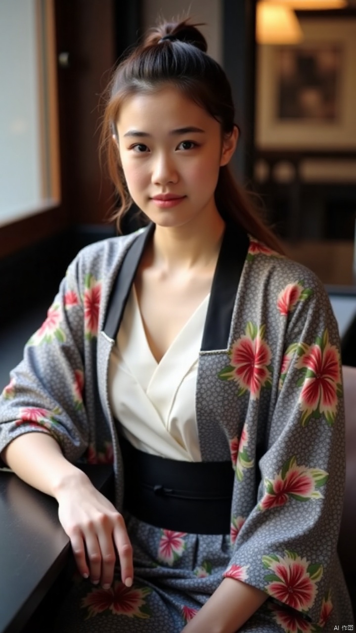a young Asian woman, dressed in a kimono, is seated at a black table. She is adorned with a black belt, a white v-neck shirt, and a floral print on her jacket. Her hair is pulled back in a ponytail, adding a touch of color to her face. 