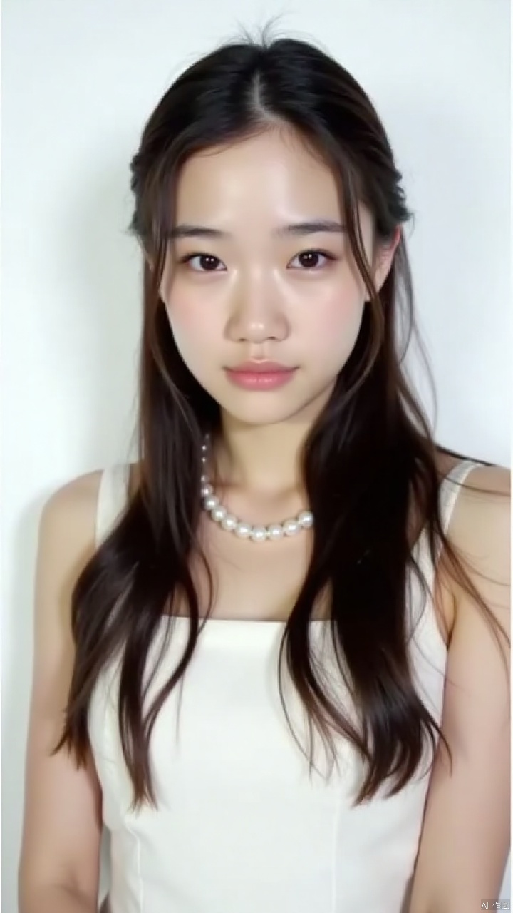 a young Asian woman with long dark brown hair, wearing a white dress adorned with a pearl necklace. Her eyes are adorned with dark brown eyebrows, adding a pop of color to her face. The backdrop is a stark white, creating a stark contrast to the woman's face.
