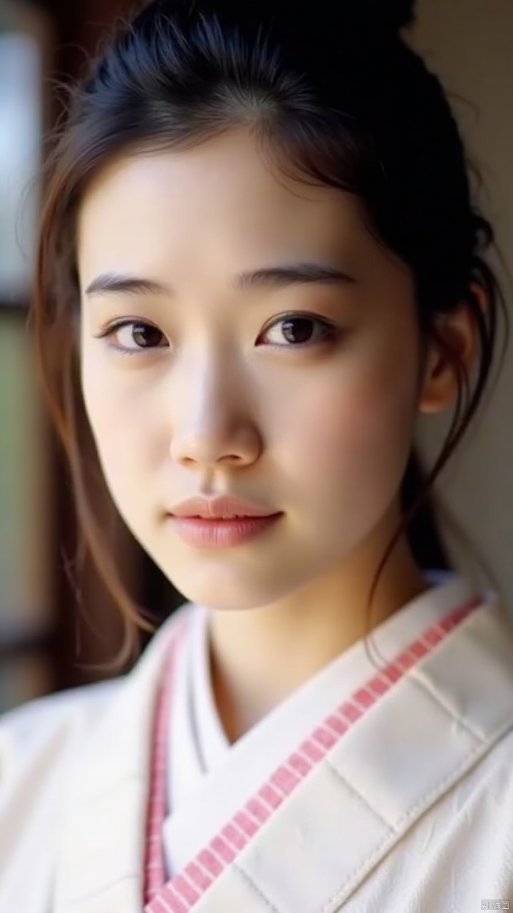 A close-up shot of a young Asian woman with dark brown eyes and dark brown hair. She is wearing a white kimono with a pink collar and white stripes. 