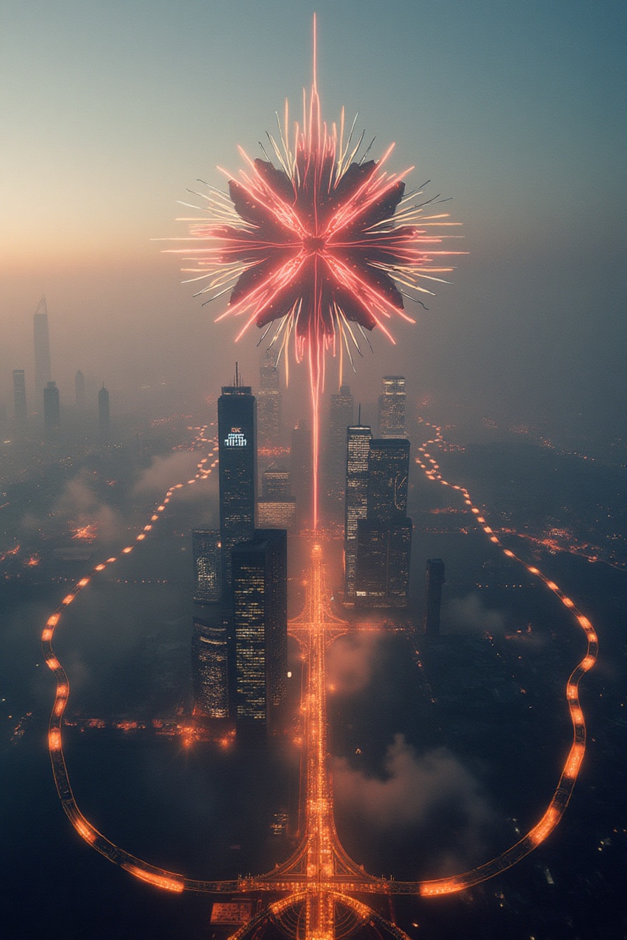 bbrs,  golden ratio,  surreal cityscape aerial front shot on Tensor.Art