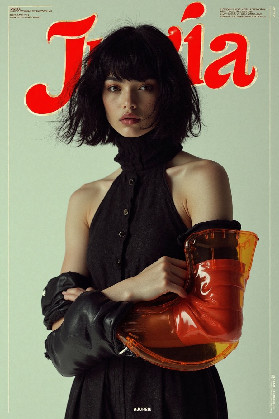 bbrs,  fancy text 'JURIA',  editorial photoshoot of black hair female model wearing arm sling and balenciaga clothes on Te...