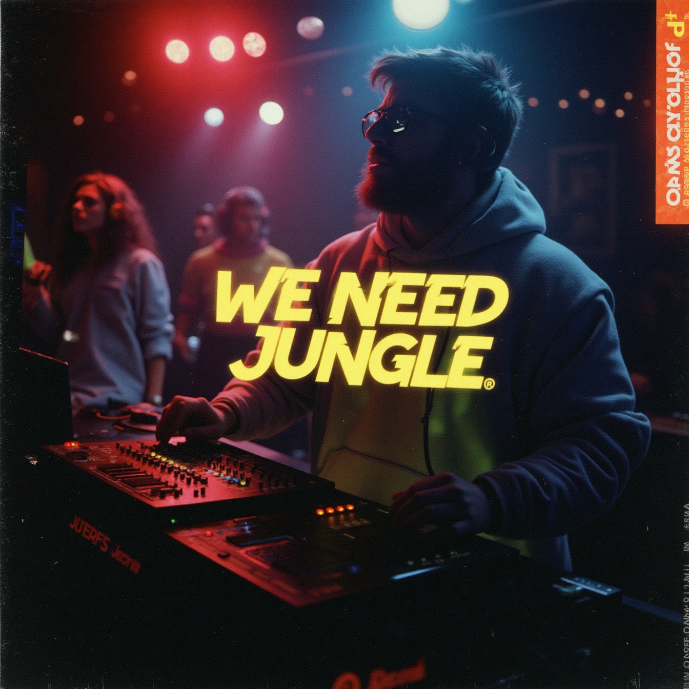 bbrs,  text 'WE NEED JUNGLE',  techno party on Tensor.Art