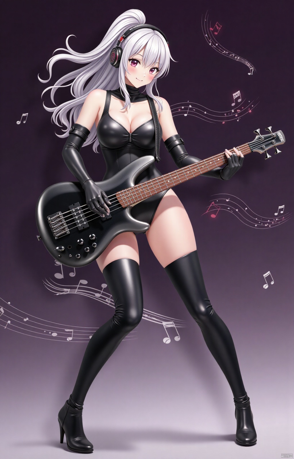 (anime screencap:1.3),An anime inspired full body artwork features for a sultry bass guitar player in 
photography sence, surrounded by swirling musical notes.  illuminates her curvaceous figure, encased in a form-fitting leather leotard and thigh boots that accentuate her ample bosom.As she plays with fervor, her gaze remains fixed on the fretboard, her fingers moving deftly across the strings as she loses herself in the sweet serenade. Streaked locks cascade down her back like a waterfall, framing her heart-shaped face and emphasizing her striking features. Elbow gloves and a high ponytail add an edgy touch to her overall aesthetic. She's completely absorbed in the performance, donning headphones that amplify the sweet serenade as she loses herself in the music. 