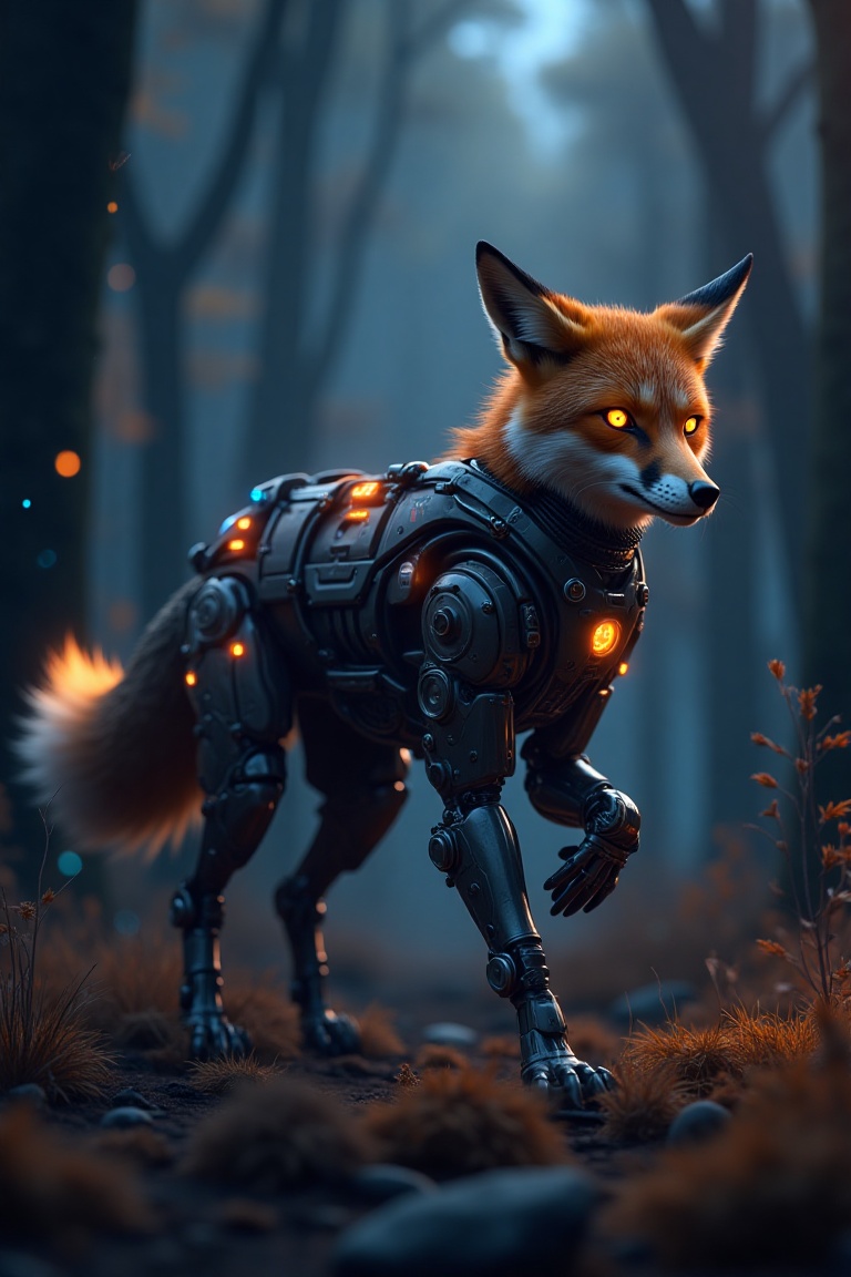 A sly,  agile fox with cybernetic limbs and eyes that glow bright orange against a dark forest backdrop. Sleek black metal...