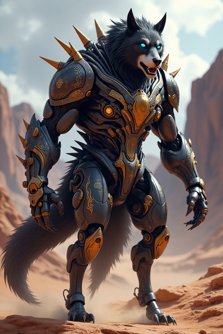a mythical cyborg. The creature is a wolf-like creature with a fierce expression on its face. It has a black and gold colo...