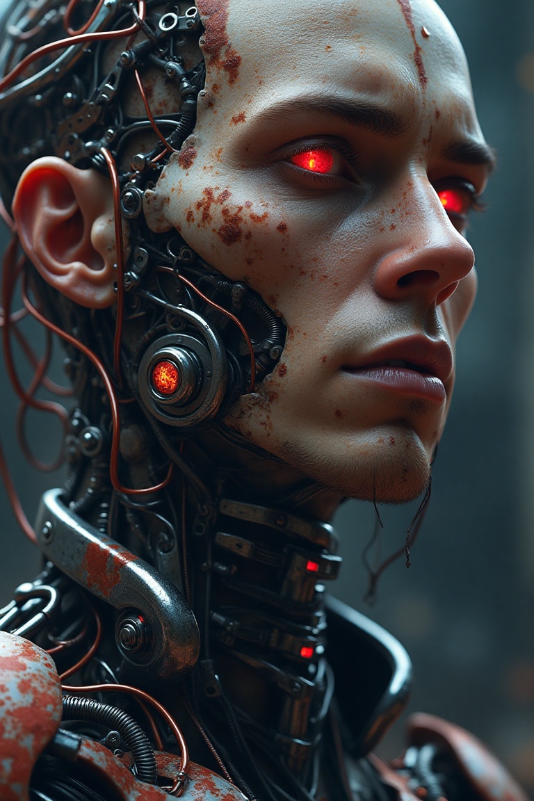 Portrait of a battle-worn cyborg soldier with half of his face covered in metal plating and intricate wiring. His eye is a...