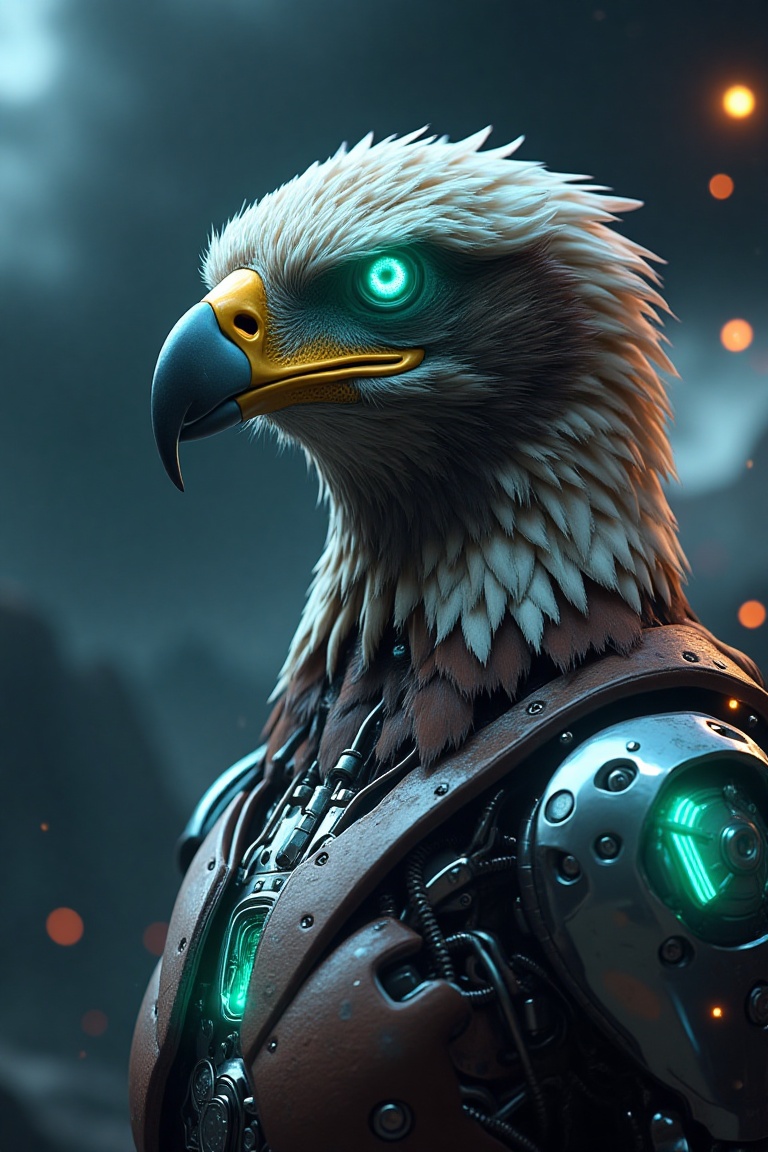 Close-up of a majestic eagle with cybernetic enhancements. One eye replaced by a bright green optical sensor,  with fine m...