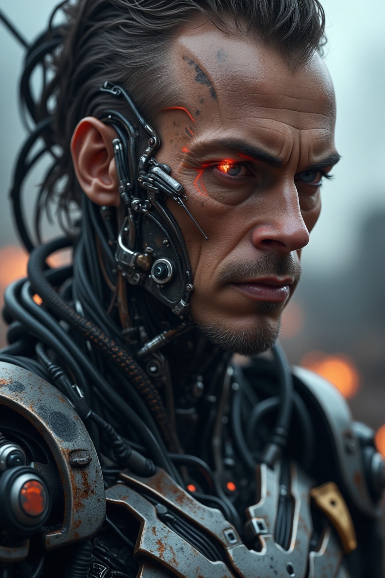 Portrait of a battle-worn cyborg soldier with half of his face covered in metal plating and intricate wiring. His eye is a...