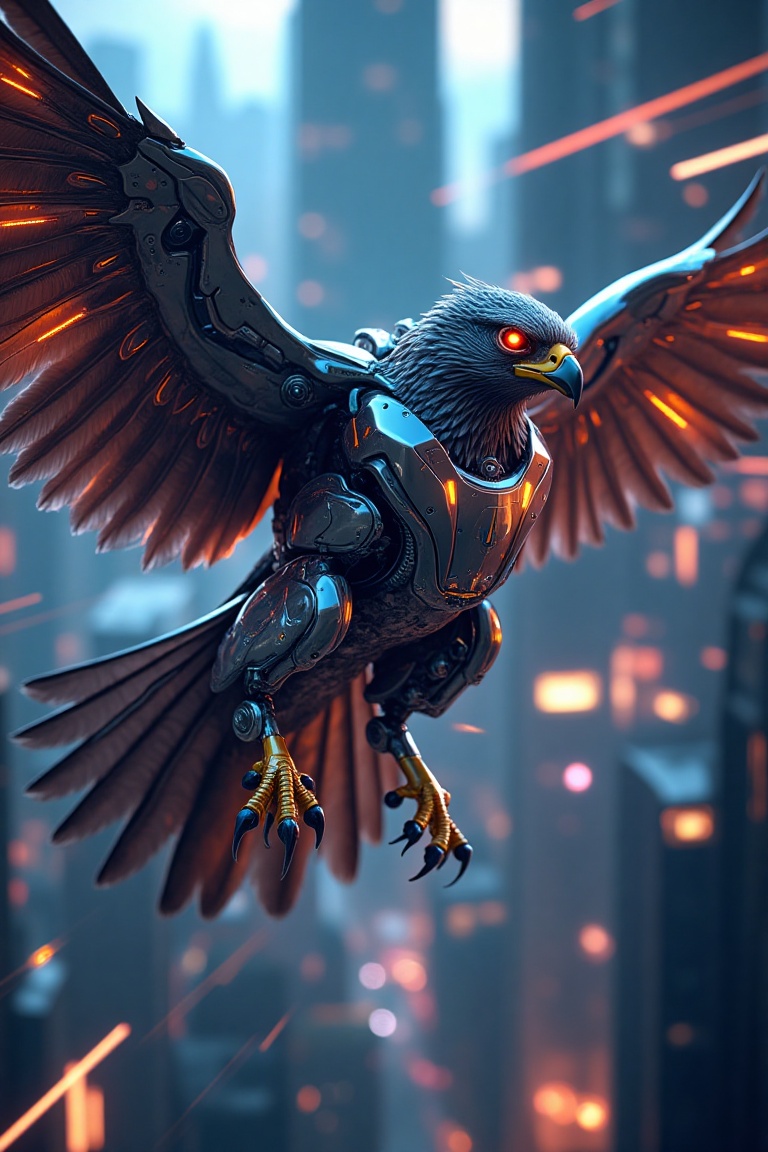 A powerful falcon cyborg in mid-flight,  wings made from lightweight,  polished titanium and chrome. Feathers interlaced w...