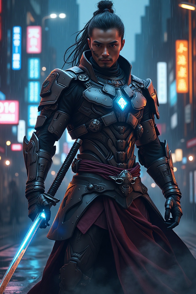 A majestic samurai warrior with intricate cyborg enhancements,  dressed in futuristic armor with nano-steel plates. His fa...