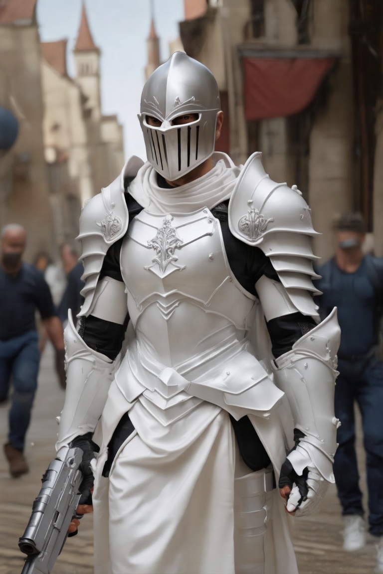 uhd, 8k, high quality, digital illustration, b;izzard art style, a man wearing white knight armor, with a silver helmet, holding bolter, fighting in a city, full body, primaris helmet ,Knight armor