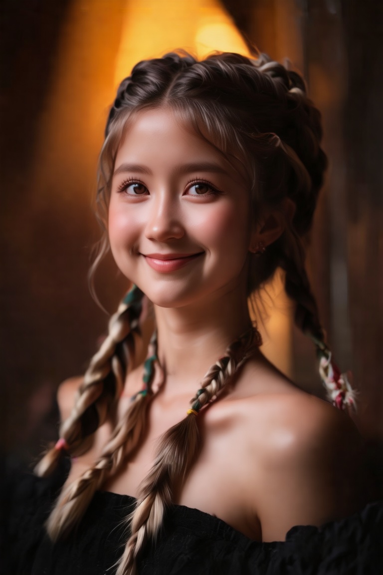 Masterpiece portrait of a girl with intricate braids framing her face, a soft and subtle smile playing on her lips, and warm golden light illuminating her gentle features against a rich dark background, creating an intimate and captivating scene.