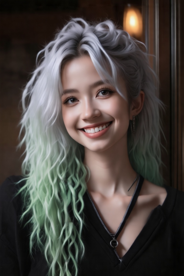 masterpiece, highly detailed image of a  girl with light gray eyes, Light green long frizzy hair, punk hairstyle, sweet and shy expression, little smile, cozy lighting, very dark background,  portrait, unusual composition, use of negative space, spectral, close-up, detailed eyes, detailed mouth,LegendDarkFantasy