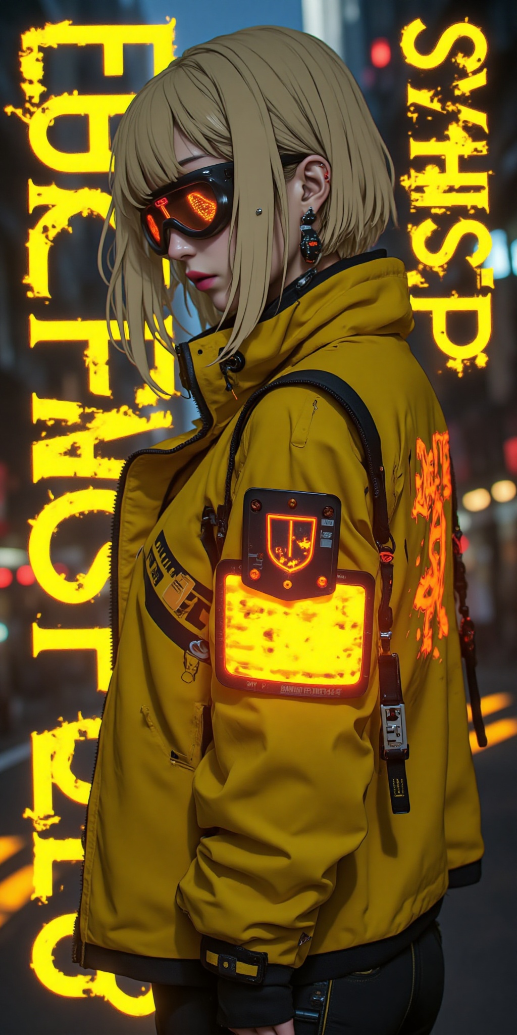 The image depicts a stylized,  futuristic character with short blonde hair and a yellow jacket. The character is wearing l...