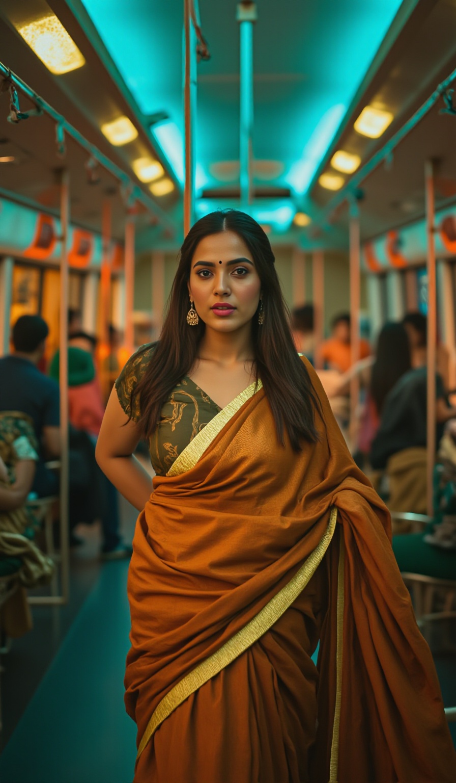 A beautiful mallu women in a train,  realistic raw photo,  details on Tensor.Art