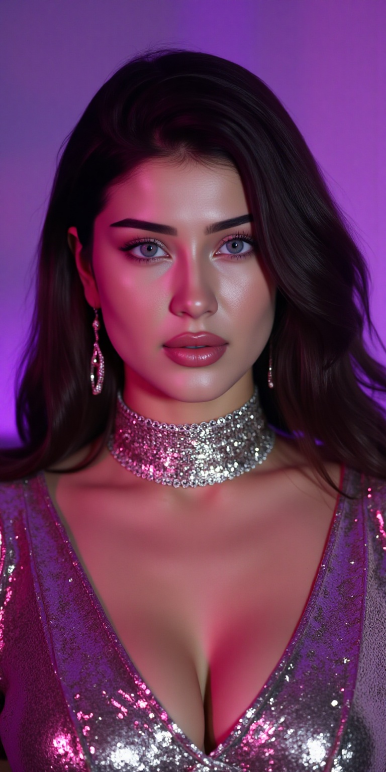 a woman wearing a shiny top and a choke,  ross tran 8 k,  glowing magical shiny skin on Tensor.Art