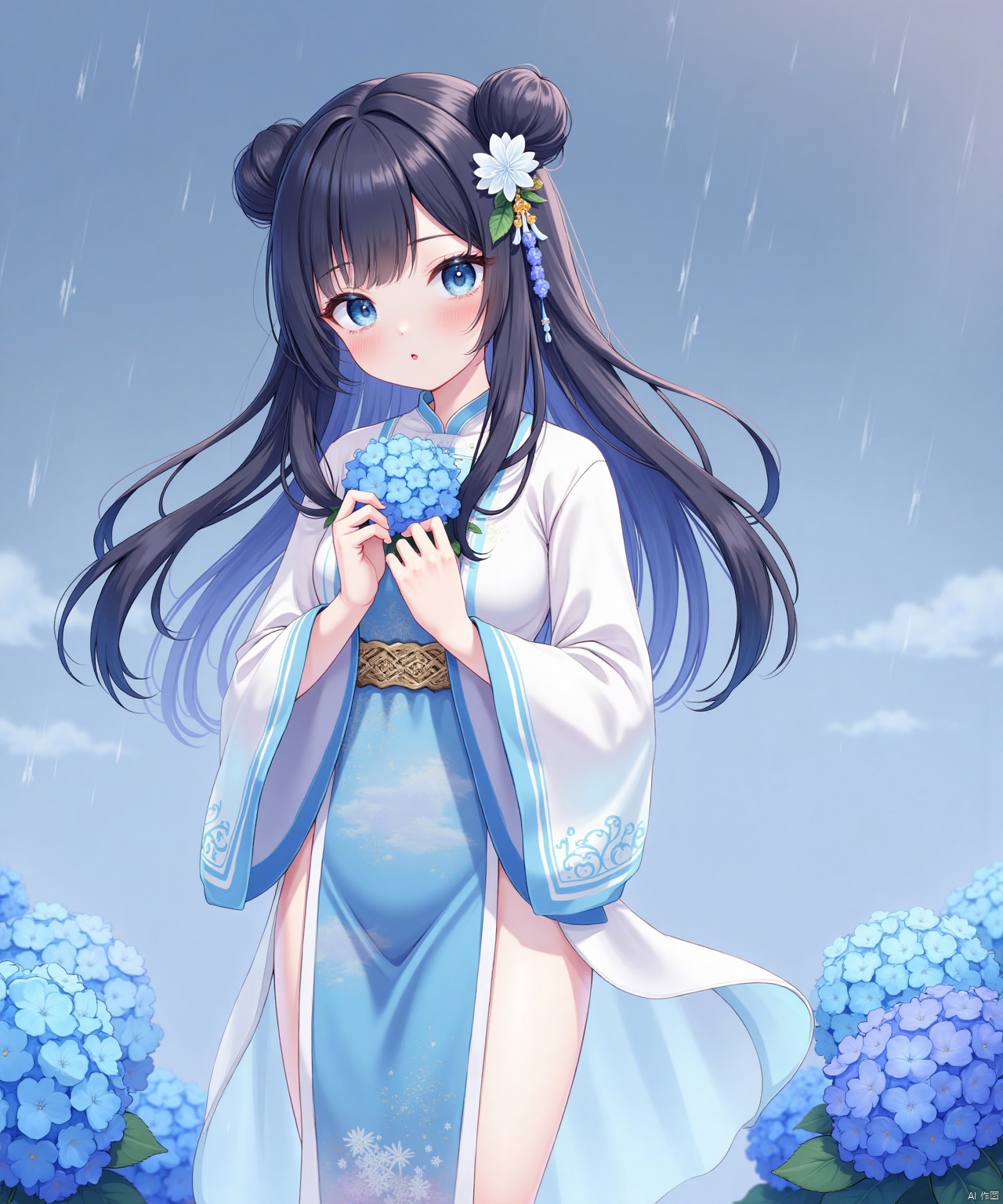 1girl, solo, long hair, looking at viewer, bangs, blue eyes, black hair, hair ornament, long sleeves, dress, blue hair, standing, flower, hair flower, wide sleeves, hair bun, parted bangs, hands up, double bun, chinese clothes, rain, blue flower, hydrangea