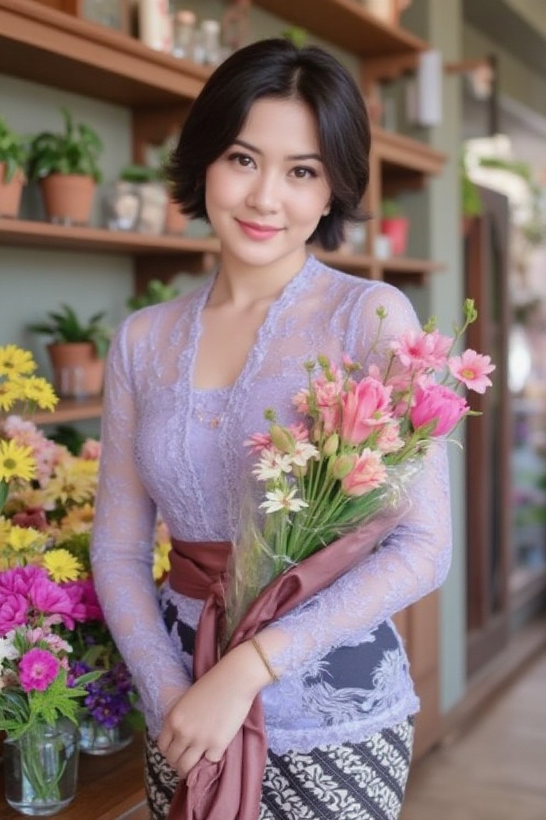 Photograph of a woman with a short,  layered haircut in a lavender kebaya,  standing at a flower shop with one hand holdin...