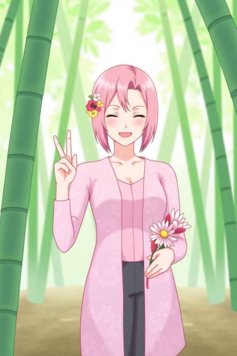 Anime illustration of Sakura Haruno from Naruto in a pink kebaya,  standing in a peaceful bamboo forest. She’s smiling bri...