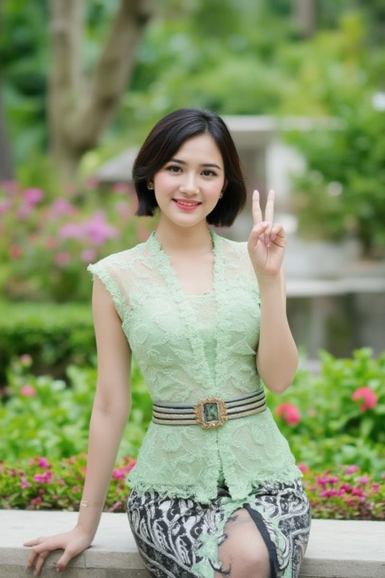 Photograph of a woman with short bobbed hair in a pastel green kebaya,  sitting on a stone bench in a botanical garden,  s...