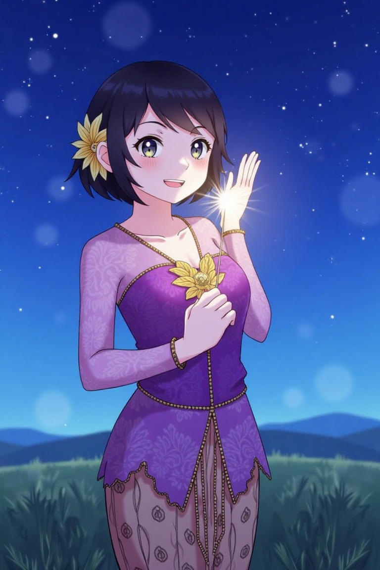 Anime illustration of Megumin from KonoSuba in a deep purple kebaya with gold accents,  standing under a starry sky in an...