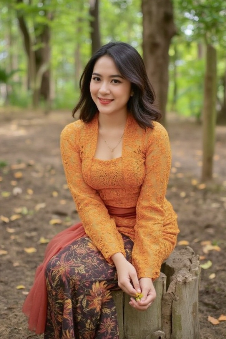 Photograph of a woman with shoulder-length,  wavy hair in a vibrant orange kebaya,  sitting on a tree stump in a forest cl...