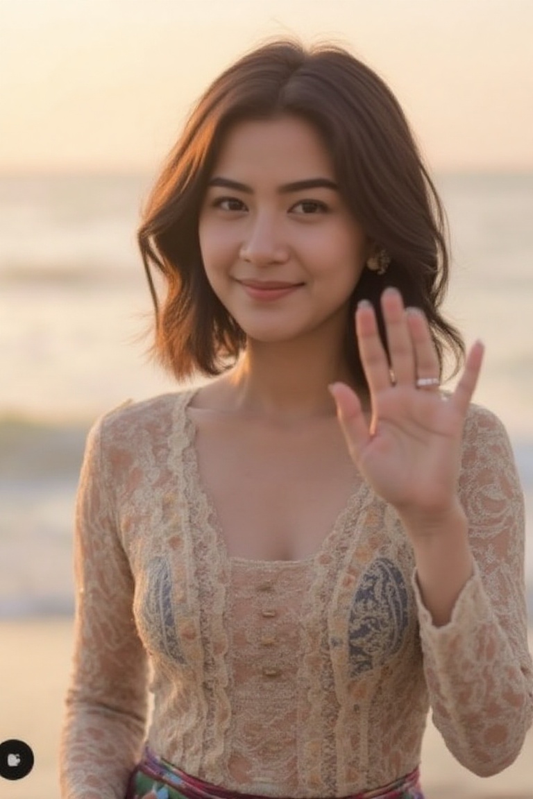 Photograph of a woman with wavy shoulder-length hair in a cream-colored kebaya,  standing by the sea at sunset,  waving wi...