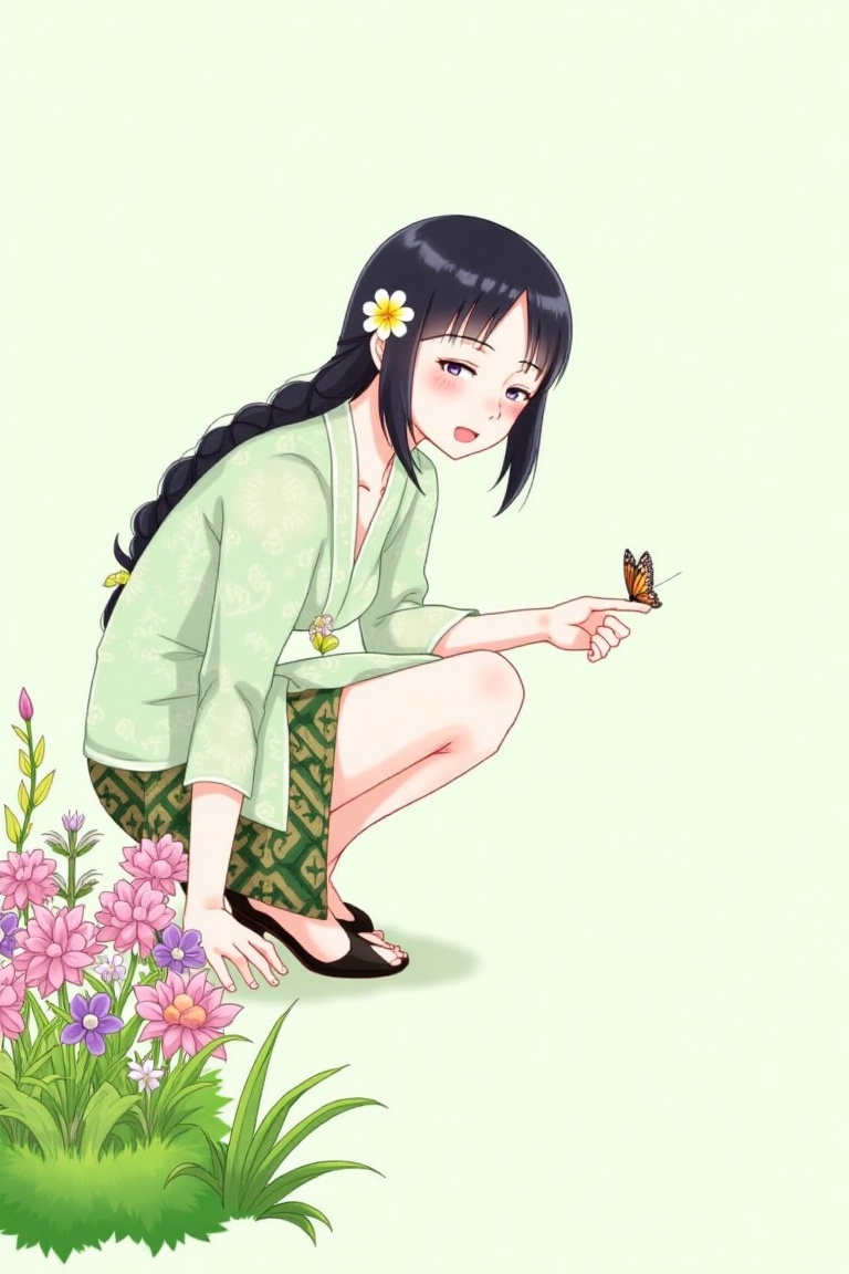 Anime illustration of Nezuko Kamado from Demon Slayer in a soft green kebaya,  crouching playfully beside a row of spring...