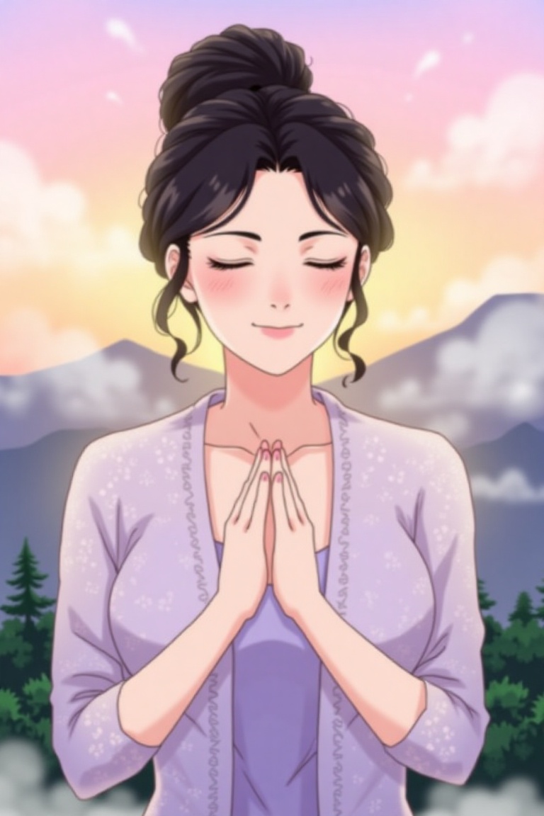 Anime illustration of a woman with curly hair in an elegant bun,  wearing a lavender kebaya. She’s seen against a mountain...