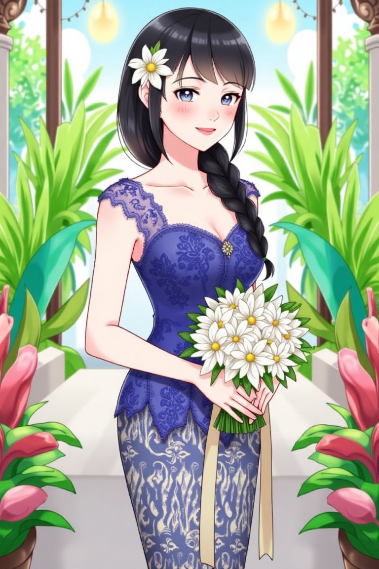 Anime illustration of a woman with long black hair in a loose braid,  wearing a royal blue kebaya. She’s standing by a lus...