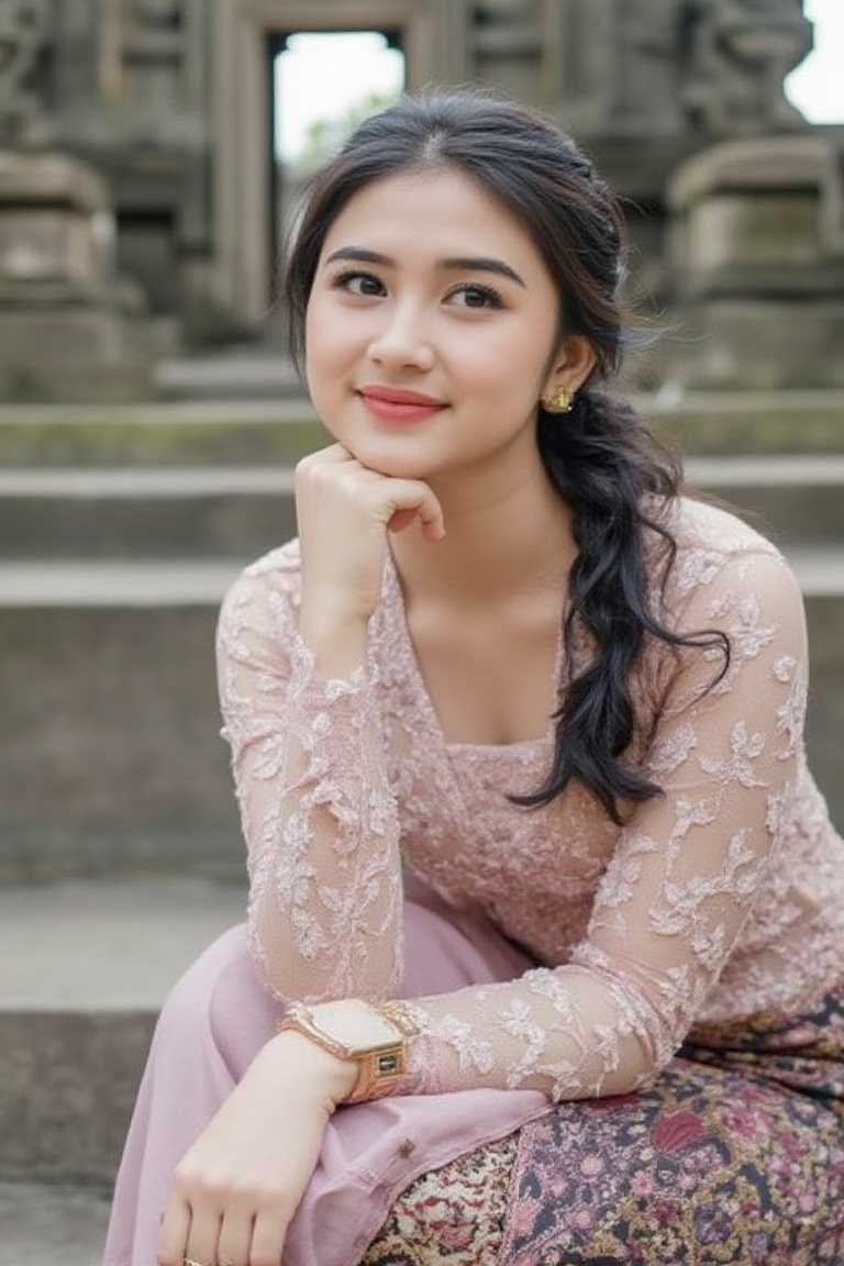 Photograph of a woman with curly hair in a low bun,  dressed in a light pink kebaya,  sitting on a staircase at a heritage...