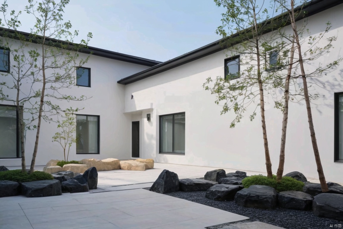 Captured at eye-level on a low-angle shot of a white building with a black roof. The building is adorned with two windows, one on each side of the building and the other on the right side. The windows are framed with black frames. In front of the windows, there is a small tree planted on the ground, adding a touch of greenery to the scene. In the foreground, there are a few large rocks arranged in a row, adding contrast to the overall composition.