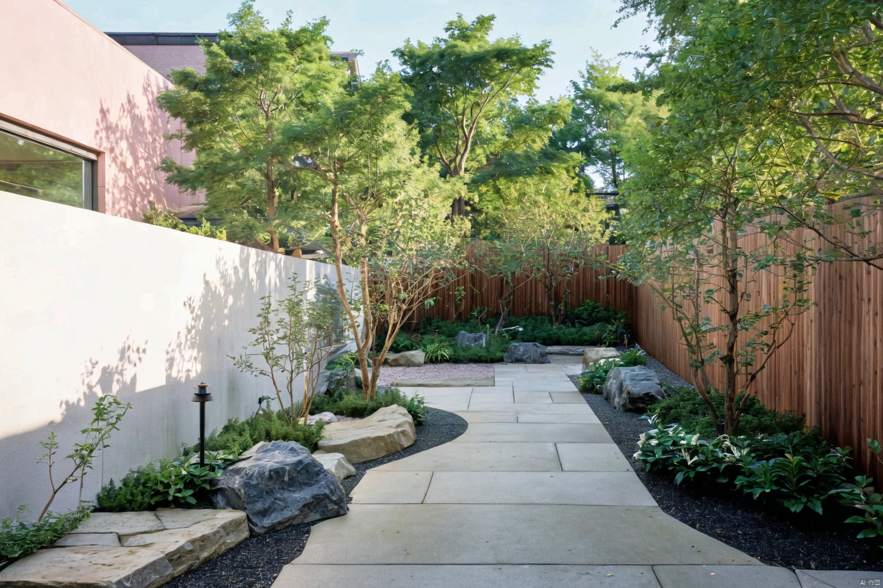 Captured from a high-angle perspective on a sunny day, a stone garden is flanked by a wooden privacy fence. The garden is composed of small, gray stones, and a white tiled walkway. The stones are arranged in a row, adding a touch of greenery to the scene. The walkway leads to a brick building, adorned with a black awning over the entrance. To the right of the walkway, a large tree with green leaves stands in front of the building. The sky is a pale pink, with a few wispy clouds in it.