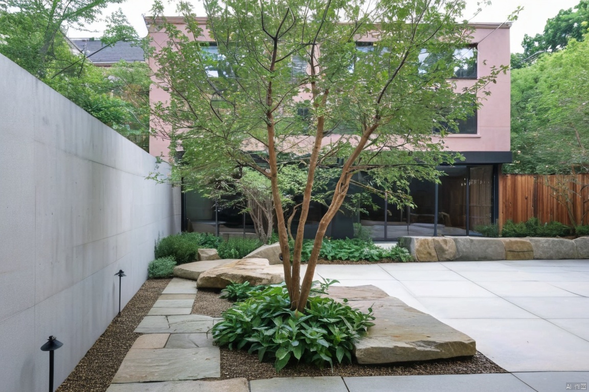 Captured from a high-angle perspective on a sunny day, a stone garden is flanked by a wooden privacy fence. The garden is composed of small, gray stones, and a white tiled walkway. The stones are arranged in a row, adding a touch of greenery to the scene. The walkway leads to a brick building, adorned with a black awning over the entrance. To the right of the walkway, a large tree with green leaves stands in front of the building. The sky is a pale pink, with a few wispy clouds in it.
