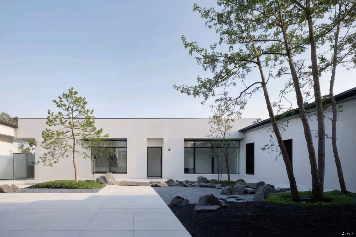 Captured at eye-level on a low-angle shot of a white building with a black roof. The building is adorned with two windows, one on each side of the building and the other on the right side. The windows are framed with black frames. In front of the windows, there is a small tree planted on the ground, adding a touch of greenery to the scene. In the foreground, there are a few large rocks arranged in a row, adding contrast to the overall composition.