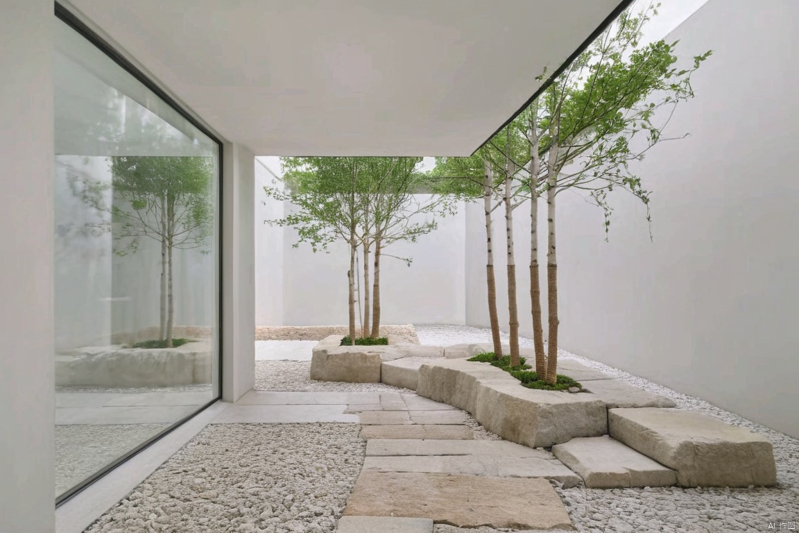 a stone wall is positioned in the middle of a walkway. The wall is adorned with a white painted wall, adding a pop of color to the otherwise monochromatic scene. The walkway is composed of gray gravel, adding texture to the overall composition of the scene. There are three trees planted in the center of the walkway, their branches reaching towards the top of the image. To the left of the trees, a large glass door is visible, with a reflection of a tree in the glass door.