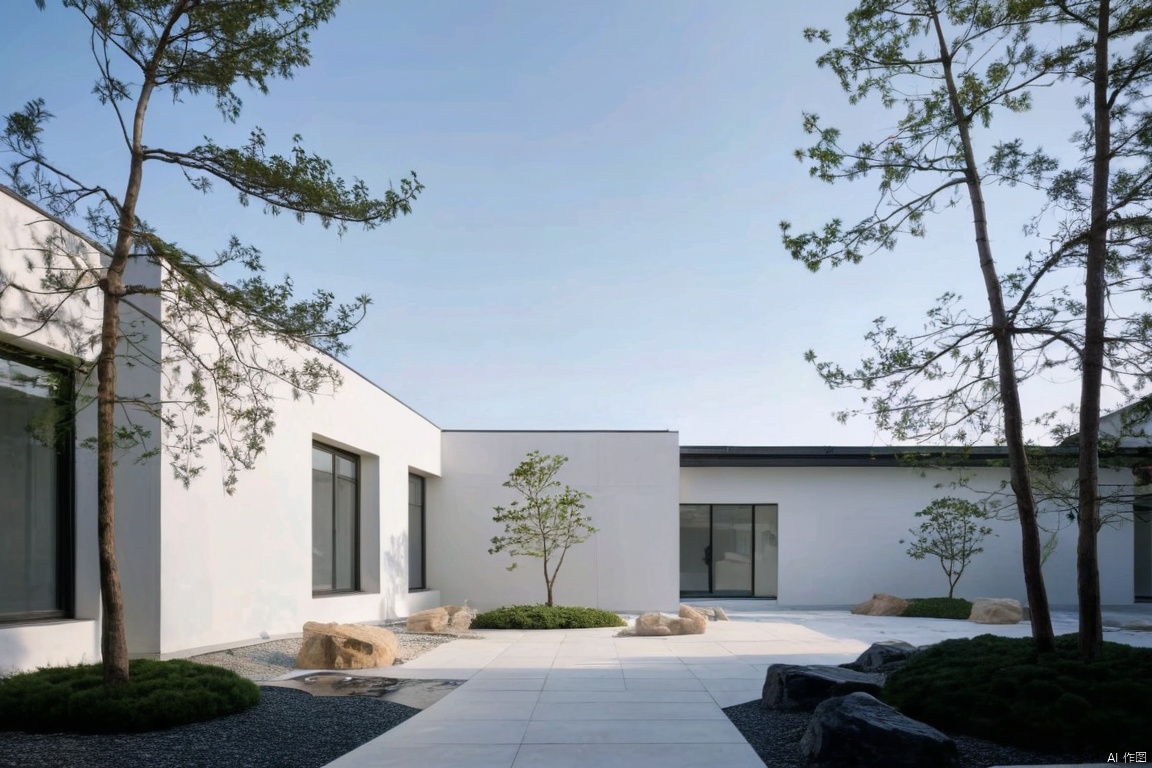 Captured at eye-level on a low-angle shot of a white building with a black roof. The building is adorned with two windows, one on each side of the building and the other on the right side. The windows are framed with black frames. In front of the windows, there is a small tree planted on the ground, adding a touch of greenery to the scene. In the foreground, there are a few large rocks arranged in a row, adding contrast to the overall composition.