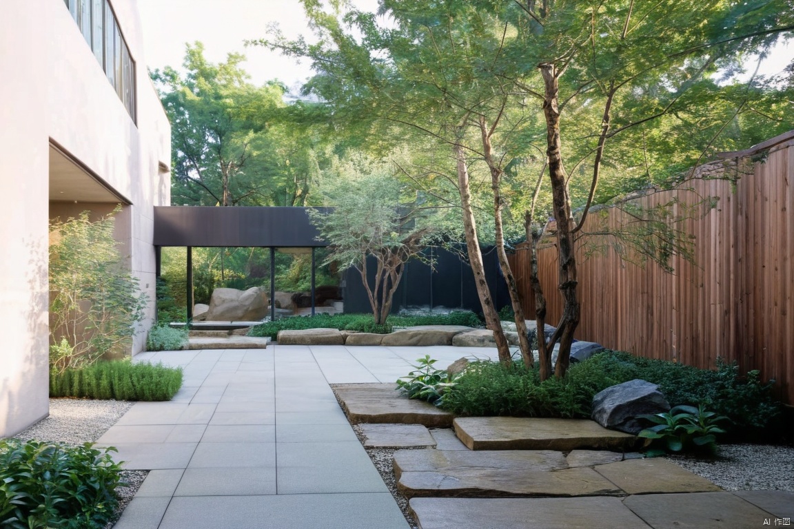 Captured from a high-angle perspective on a sunny day, a stone garden is flanked by a wooden privacy fence. The garden is composed of small, gray stones, and a white tiled walkway. The stones are arranged in a row, adding a touch of greenery to the scene. The walkway leads to a brick building, adorned with a black awning over the entrance. To the right of the walkway, a large tree with green leaves stands in front of the building. The sky is a pale pink, with a few wispy clouds in it.
