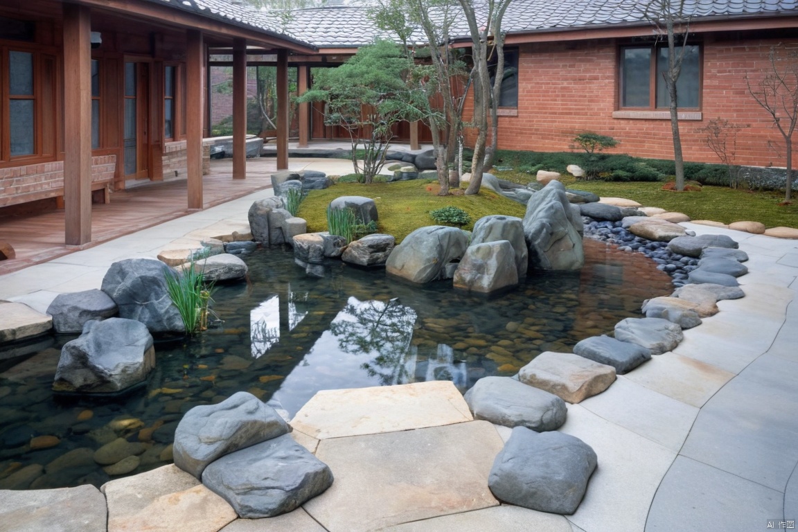 Captured from a high-angle perspective on a cloudy day, a small pond with a few large boulders and a small patch of green grass is situated in the middle of the pond. The pond is surrounded by a row of gray rocks, and a few small pebbles are scattered around the pond, adding a touch of greenery to the scene. To the right of the pool, a wooden porch is visible, with a white roof shingled over it. In the background, a red brick house with a brown roof is visible.