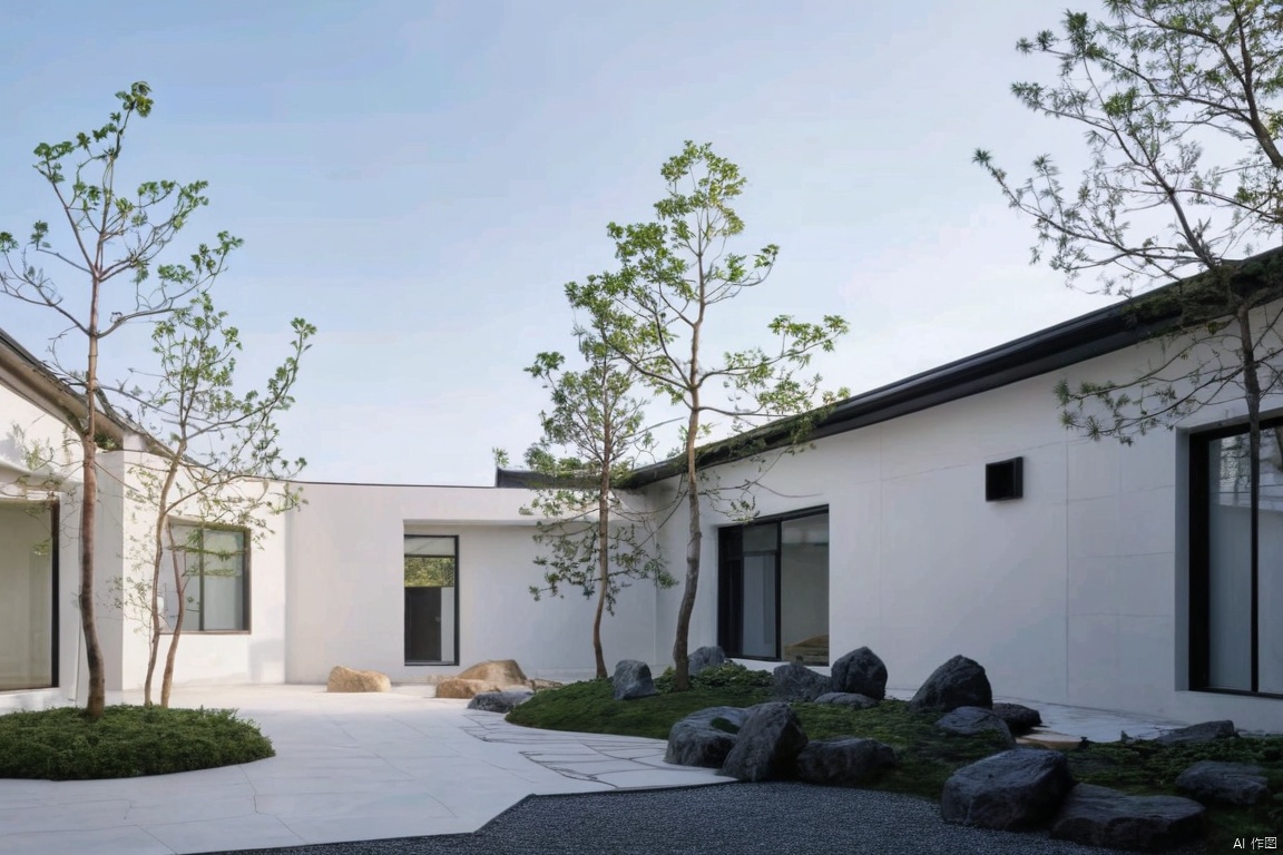 Captured at eye-level on a low-angle shot of a white building with a black roof. The building is adorned with two windows, one on each side of the building and the other on the right side. The windows are framed with black frames. In front of the windows, there is a small tree planted on the ground, adding a touch of greenery to the scene. In the foreground, there are a few large rocks arranged in a row, adding contrast to the overall composition.