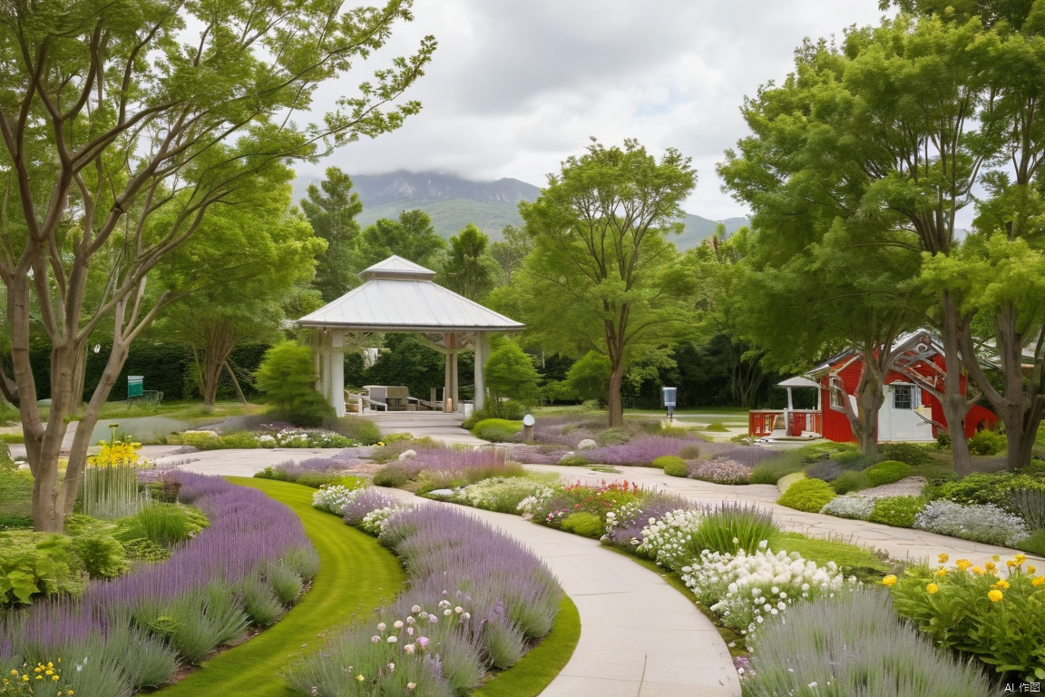 Captured at eye-level on a vibrant day, a beautiful landscape features a circular garden of lavender, white, and yellow flowers. The garden is situated in the middle of a lush green lawn, with a winding walkway in the foreground. The walkway leads to a red building, adorned with a white roof, is flanked by a row of green trees. In the background, a mountain range can be seen, dotted with white clouds. To the left of the garden, a small white building with a green awning is situated, adding a pop of color to the scene.