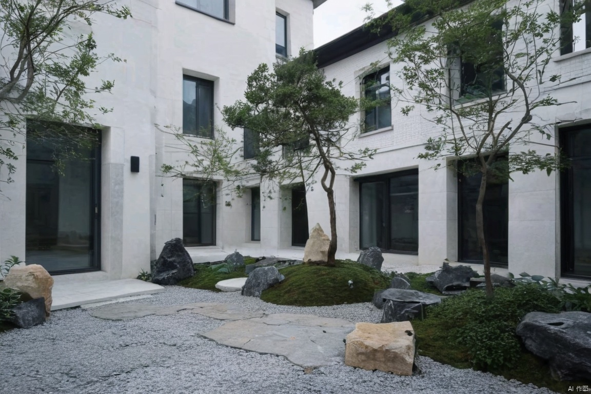 A low-angle shot captures the stark beauty of a white building with a black roof, its façade punctuated by three windows framed in black. A small tree stands sentinel beside each window, injecting verdant life into the monochromatic scene. In the foreground, large rocks are artfully arranged in a row, providing textural contrast to the smooth building and lush foliage.,modern garde