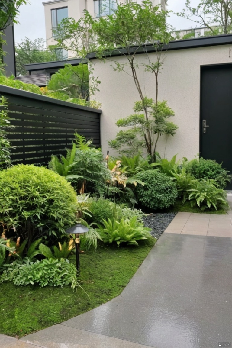 Captured from a high-angle perspective on a sunny day, a courtyard is adorned with a variety of plants and foliage. The courtyard is bordered by a black metal fence, creating a striking contrast against the backdrop of the courtyard. The foliage is lush and green, adding a touch of nature to the scene. The sky is a muted white, with a few wispy clouds in the air, adding depth to the composition.