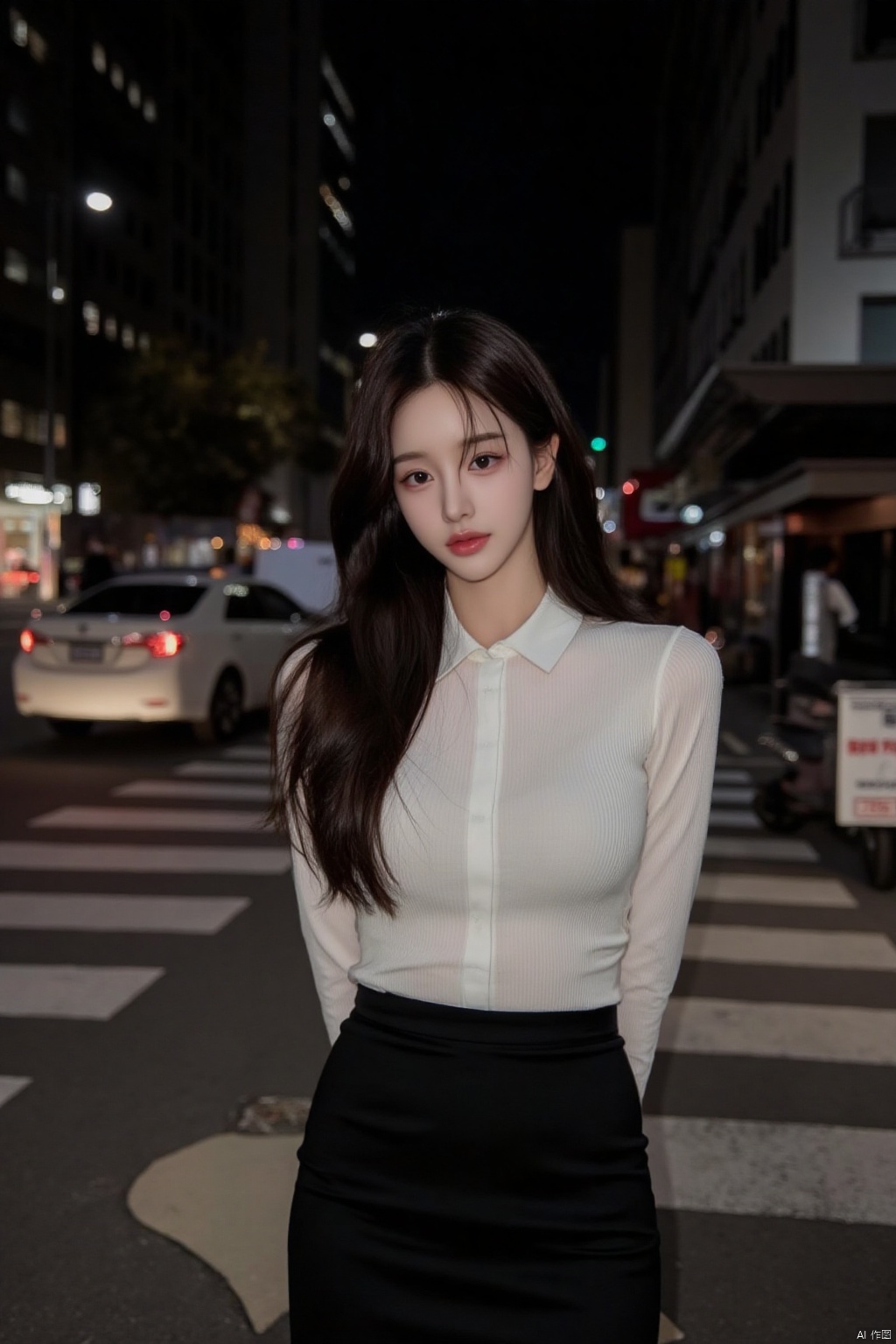 1girl, solo, long hair, looking at viewer, skirt, brown hair, shirt, black hair, white shirt, outdoors, parted lips, collared shirt, black skirt, hair over one eye, night, arms behind back, ground vehicle, building, motor vehicle, city, realistic, car, road, street, photo background, crosswalk, real world location,A young and beautiful Asian girl,Polaroid camera style