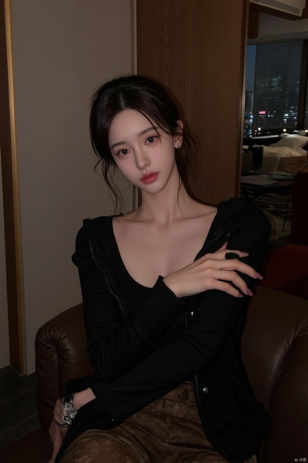 1girl, solo, breasts, looking at viewer, short hair, brown hair, shirt, black hair, long sleeves, cleavage, brown eyes, jewelry, sitting, earrings, parted lips, indoors, lips, black shirt, crossed arms, watch, realistic, wristwatch, blinds,,A young and beautiful Asian girl,Polaroid camera style